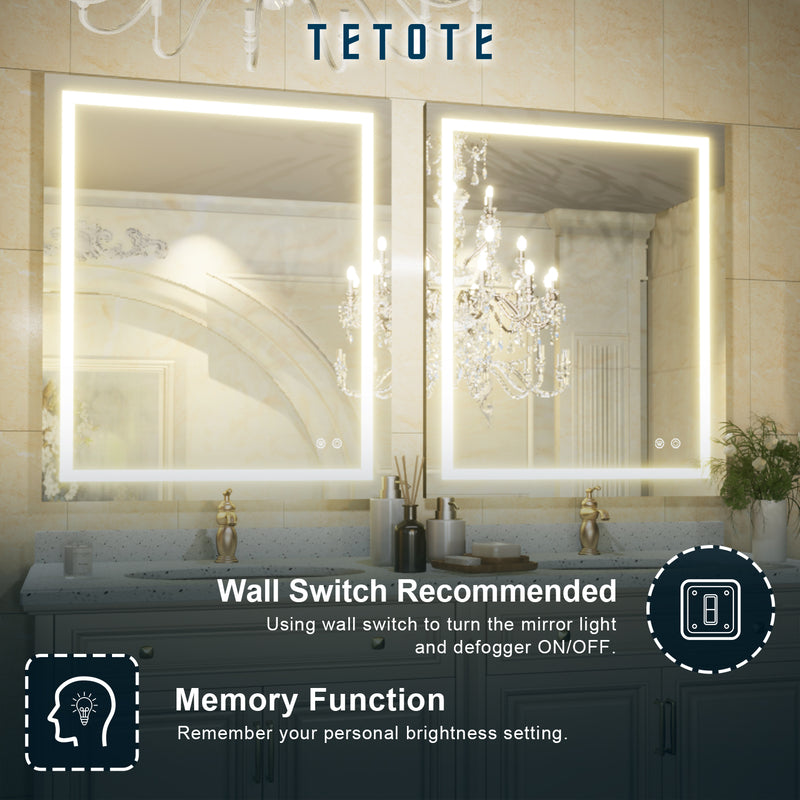 TETOTE LED Mirror with Lights40 x 24" Bathroom Vanity Mirror,White/Warm/Natural Lighted Mirror,Dimmable,CRI90,IP54 Waterproof,Wall Mounted,Illuminated Mirror(Horizontal/Vertical)