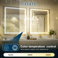 TETOTE LED Mirror with Lights40 x 24" Bathroom Vanity Mirror,White/Warm/Natural Lighted Mirror,Dimmable,CRI90,IP54 Waterproof,Wall Mounted,Illuminated Mirror(Horizontal/Vertical)