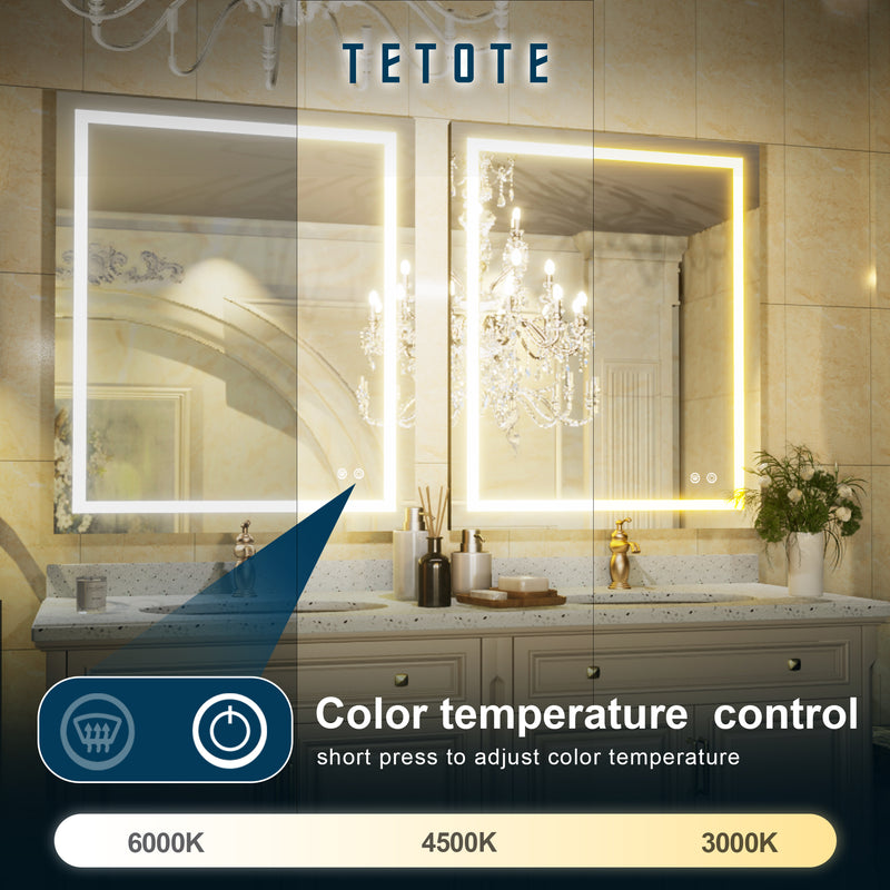 TETOTE LED Mirror with Lights40 x 24" Bathroom Vanity Mirror,White/Warm/Natural Lighted Mirror,Dimmable,CRI90,IP54 Waterproof,Wall Mounted,Illuminated Mirror(Horizontal/Vertical)